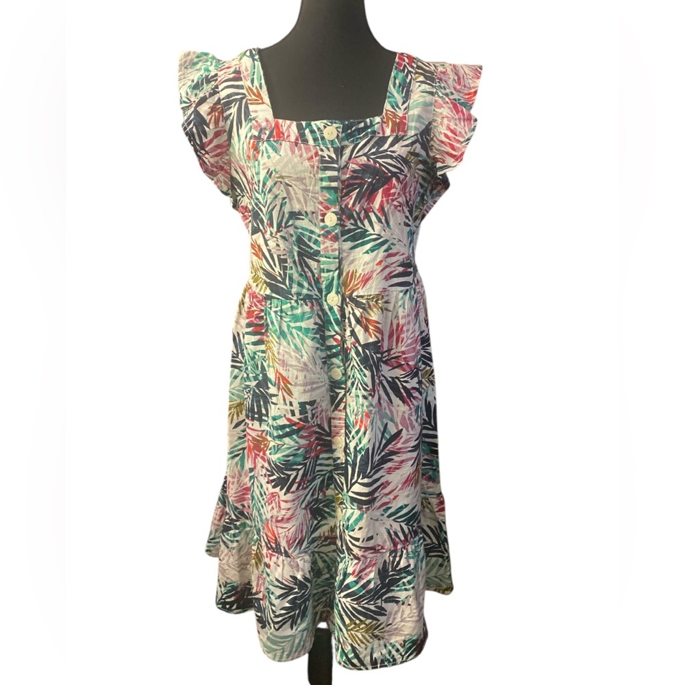 Beachlunchlounge Tropical Print Ruffle Sleeve Dress GUC S